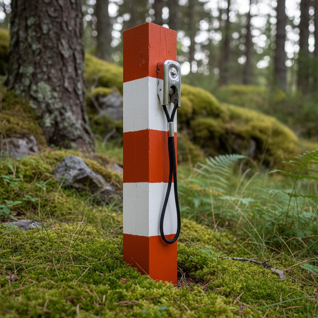 A red and white striped wooden post in a forest, possibly marking a trail or boundary.