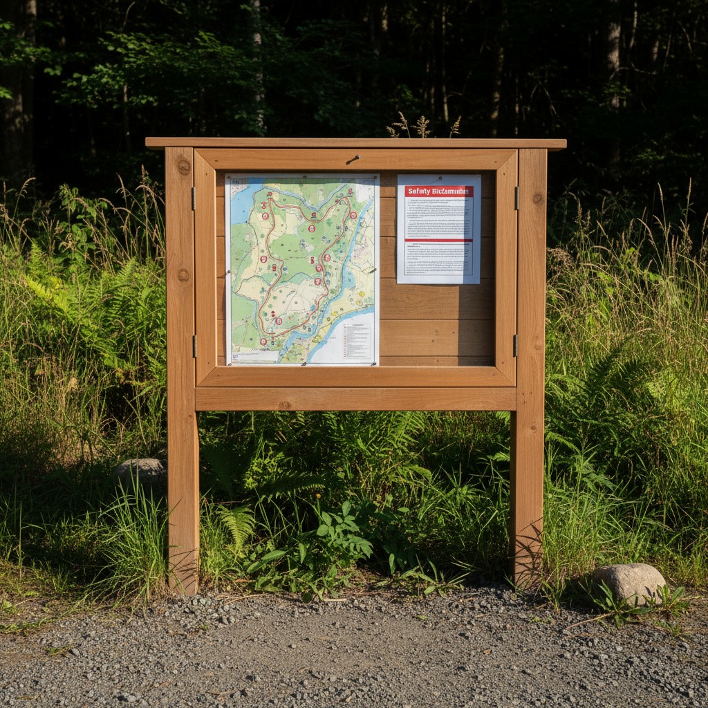 A wooden map board sits atop a bed of grass, against a background of trees, casting shadows. In the foreground, a gravel p...