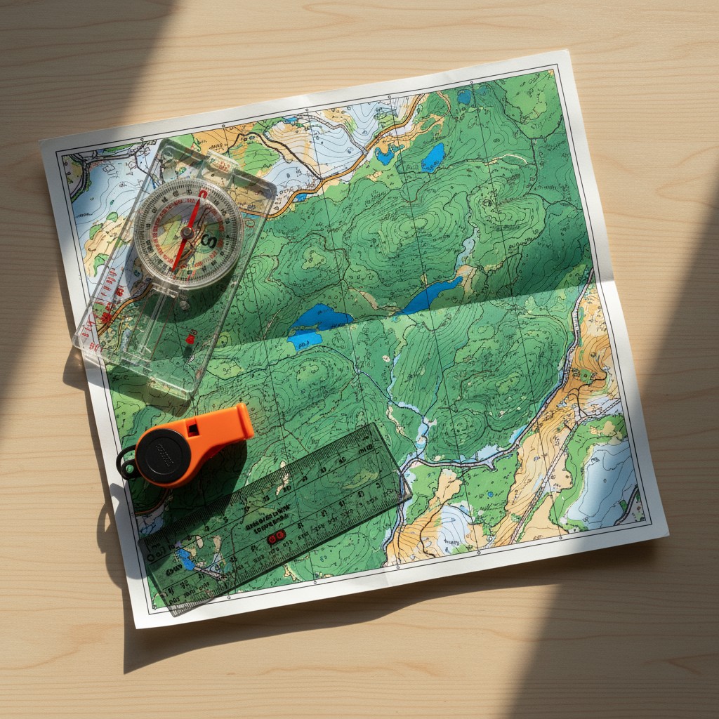 An adventure map, compass, and whistles. This image depicts a map with an orange and black whistle, a compass with a red d...